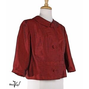 Vintage 50s Red Silk Sharkskin Boxy Jacket Hong Kong Hallmark Tag Sz L - Hey Viv